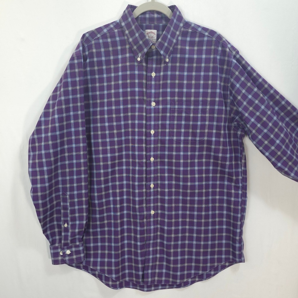 Brooks Brothers Button Down Men L Non-Iron Purple Plaid‎ Preppy Classic Fit